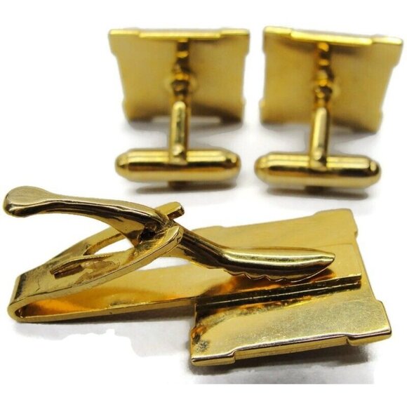 Square Gold-Tone & MOP Cufflinks Set w Tie Clasp Tux Shirt Dress Suit Vintage - Picture 6 of 6